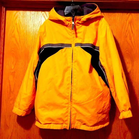 Boy’s hooded windbreaker 5 6 reversible jacket zip up yellow nylon gray fleece - Picture 2 of 6